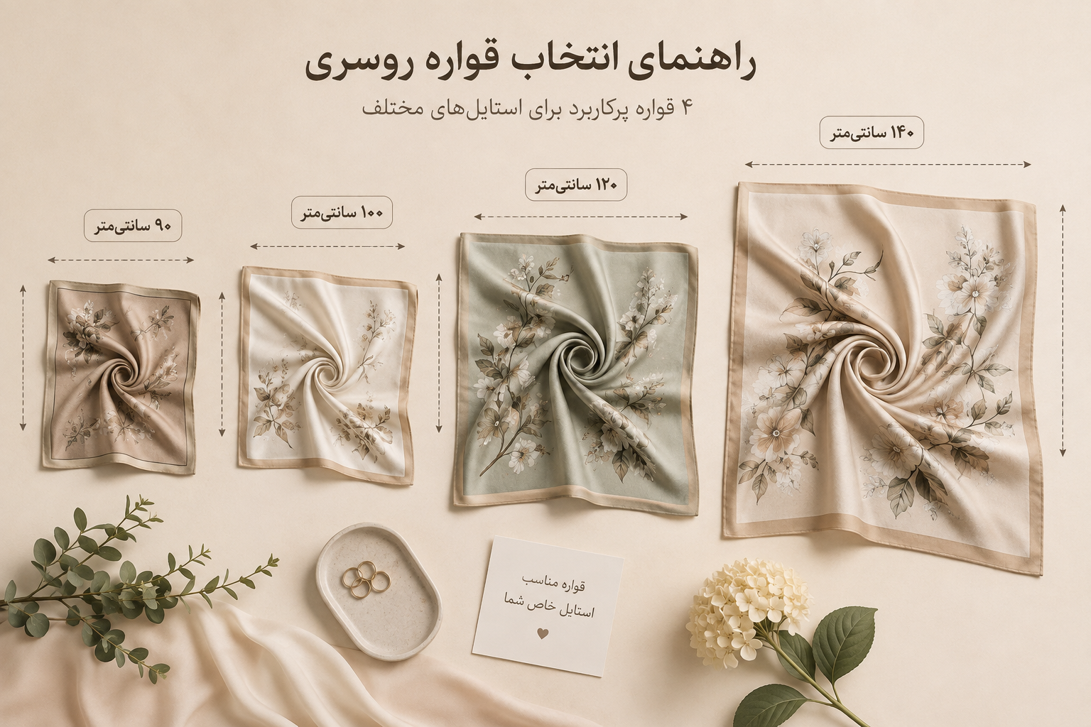 راهنمای کامل انتخاب قواره روسری؛ ۹۰، ۱۰۰، ۱۰۵، ۱۲۰ یا ۱۴۰ سانتی‌متر؟